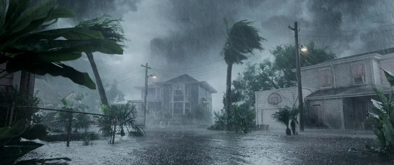Crawl (2019) movie still: establishing — A rain-swept suburban street experiences a severe storm with flooded roads and swaying trees. Wooden houses…