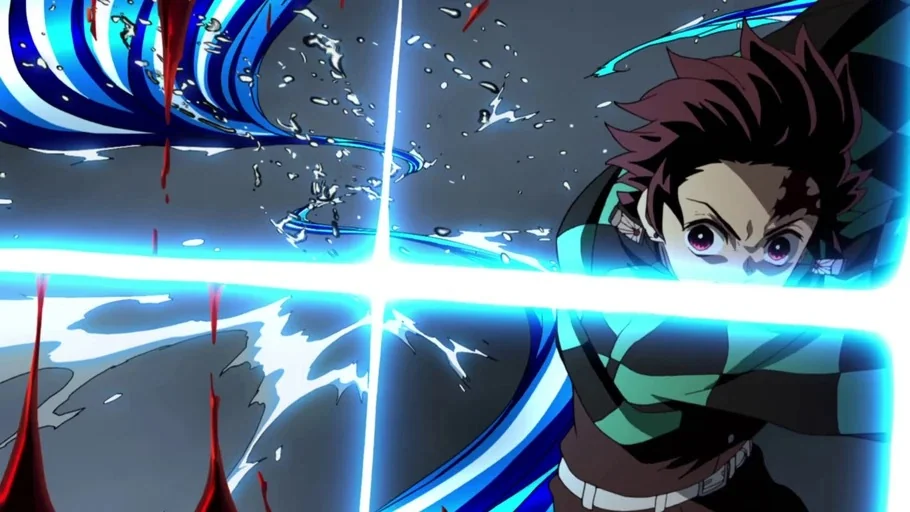 Demon Slayer: Kimetsu no Yaiba (2019) movie still: medium — An intense anime battle scene features a young fighter mid-swing against a dark…