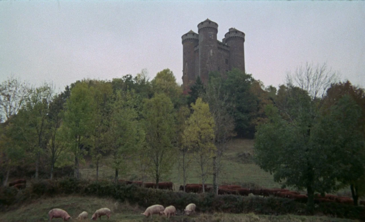 Blanche (1971) movie still: wide — A stone castle sits atop a densely wooded hill overlooking a grassy field. A herd of cattle and several pigs…