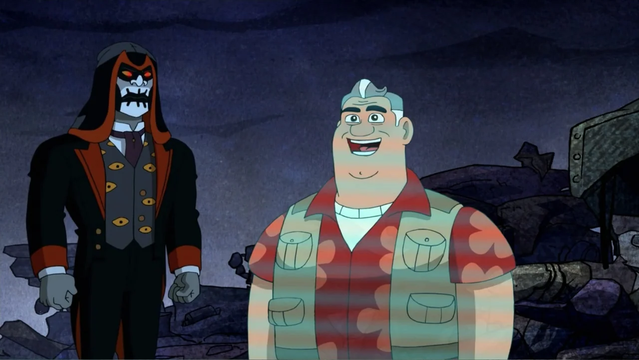 Ben 10: Ben 10,010 (2021) movie still: medium — A dark rocky wasteland at night features debris scattered across the uneven ground. A masked man…