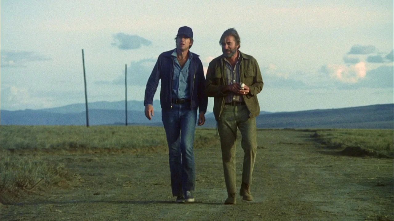 Phase IV (1974) movie still: fullbody — A flat, sparsely vegetated rural landscape extends toward distant rolling hills under a pale sky. Two men…