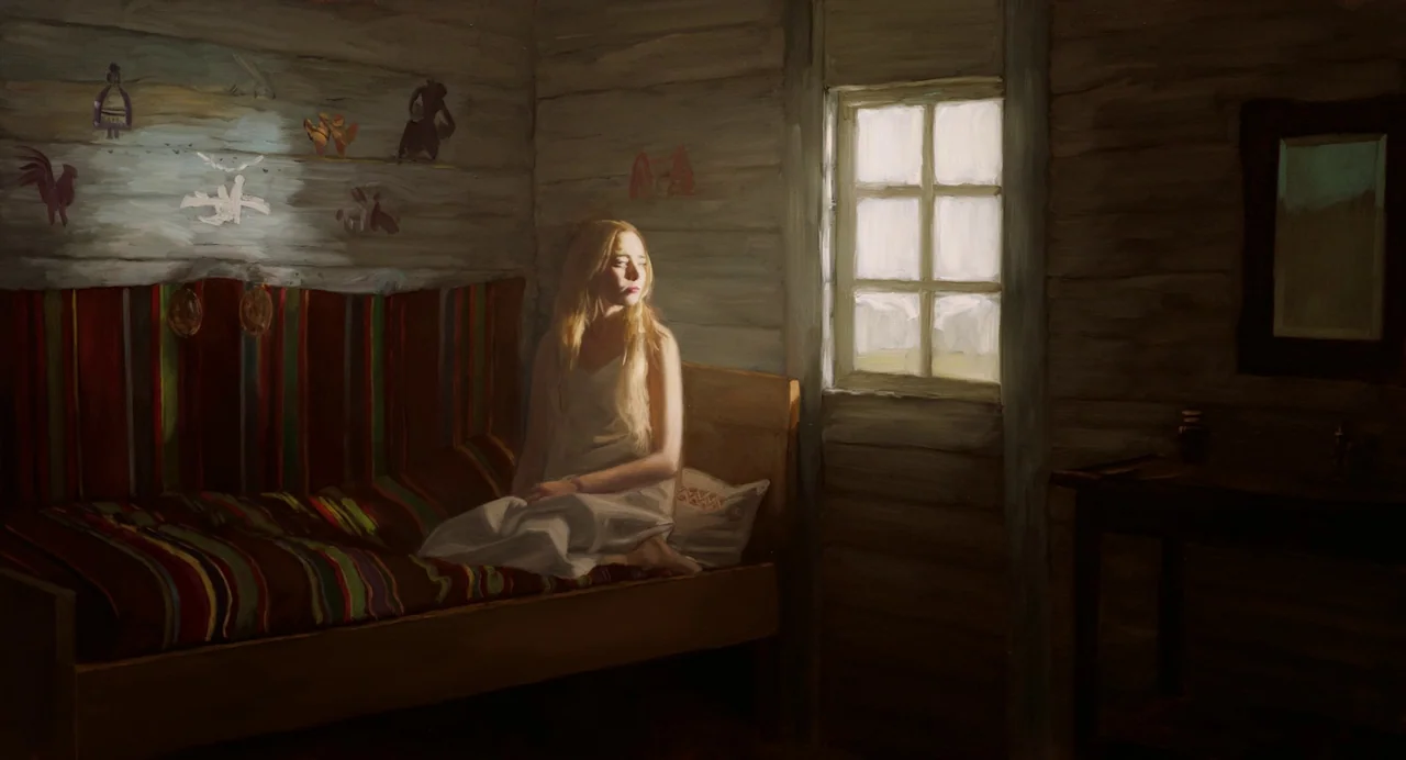 The Peasants (2023) movie still: medium — A rustic wooden room with exposed logs features a striped bench and a small window. A woman with long hair…