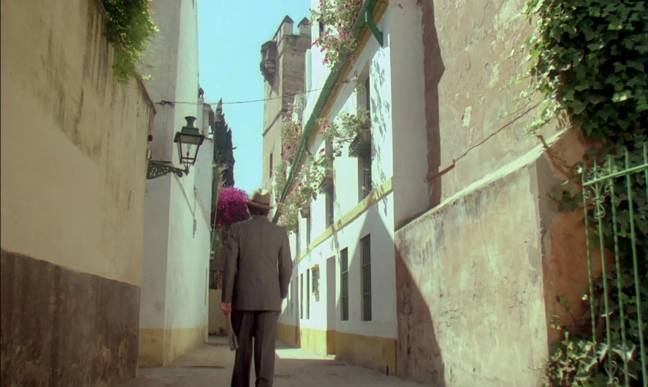 That Obscure Object of Desire (1977) movie still: fullbody — A narrow Mediterranean passage bordered by tall white walls with decorative blooming…
