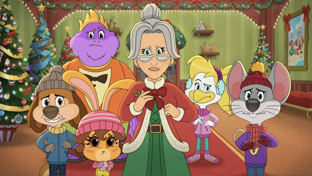 A Chuck E. Cheese Christmas (2025) movie still: medium — A festive room featuring two large Christmas trees and a holiday-themed wall painting. A…