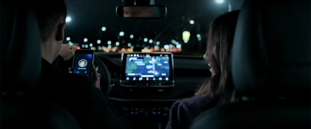 Checkmate (2015) movie still: medium — The interior of a modern car at night shows a man and woman driving. The man holds a glowing smartphone while…