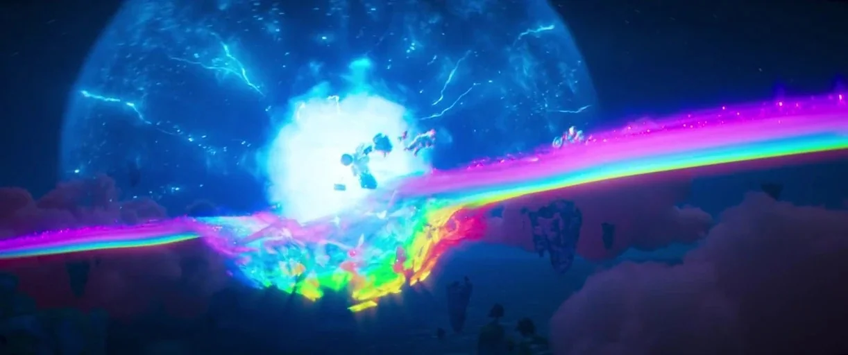 The Super Mario Bros. Movie (2023) movie still: wide — A massive blue electrical explosion ruptures in a dark, starry night sky. A bright…