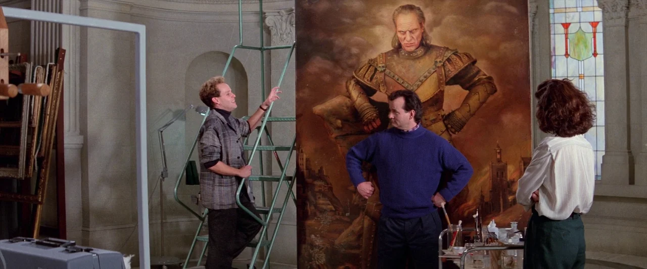 Ghostbusters 2 (1989) movie still: fullbody — An art restoration studio features arched walls, a stained glass window, and equipment racks. Three…