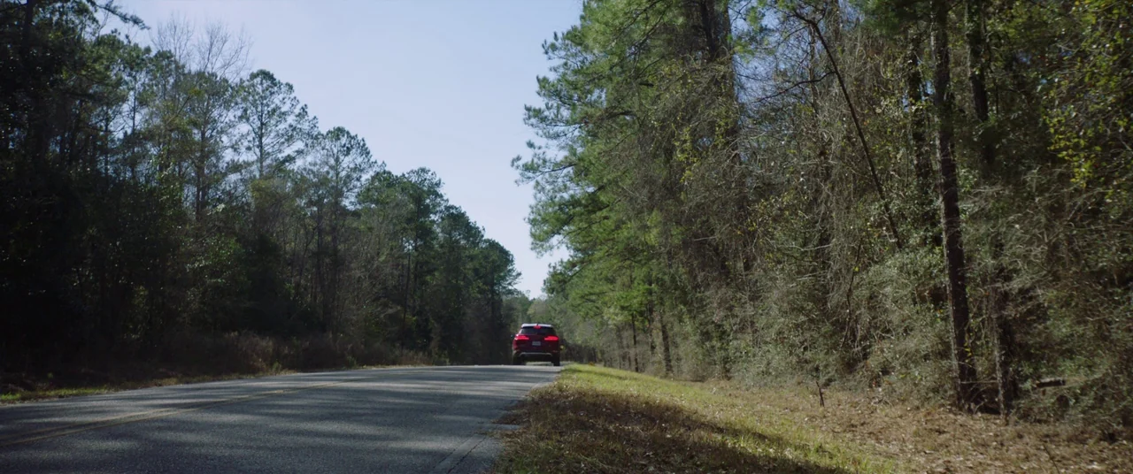 Get Out (2017) movie still: wide — A long asphalt road stretches forward between dense lines of tall pine trees. A small red car drives into the…
