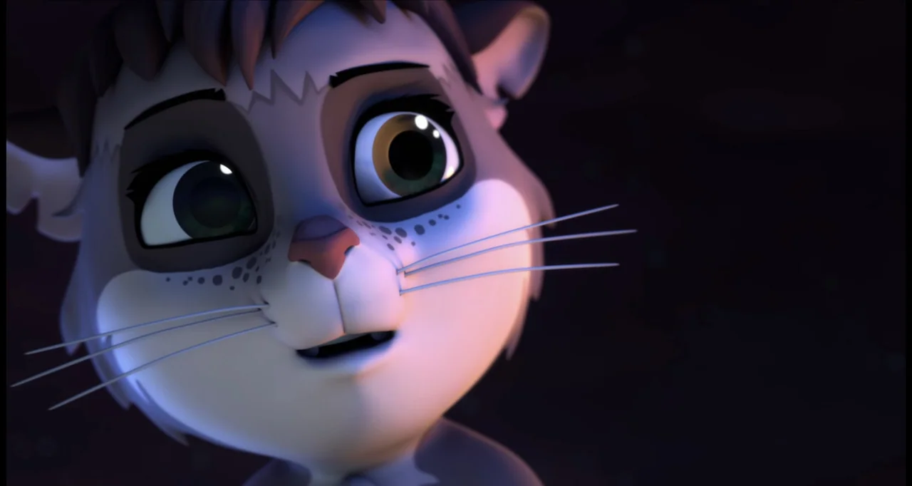 The Wishmas Tree (2020) movie still: closeup — A close-up shot focuses on a stylized 3D animated animal head against black. The character with large…