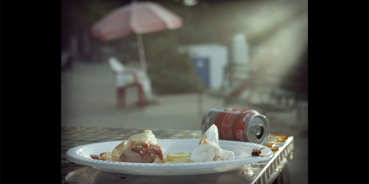 La coda del diavolo (2024) movie still: closeup — A white plastic plate sits on a metallic mesh surface with leftovers and a soda can. A single wasp…
