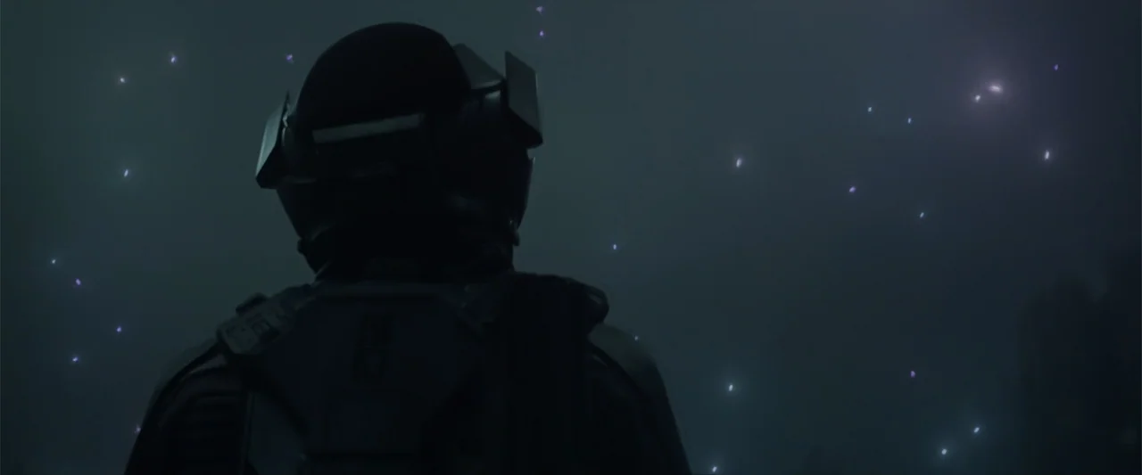 DISTANT (2026) movie still: medium — A dark space is filled with floating specks of purple light against a black backdrop. A figure in a tactical…