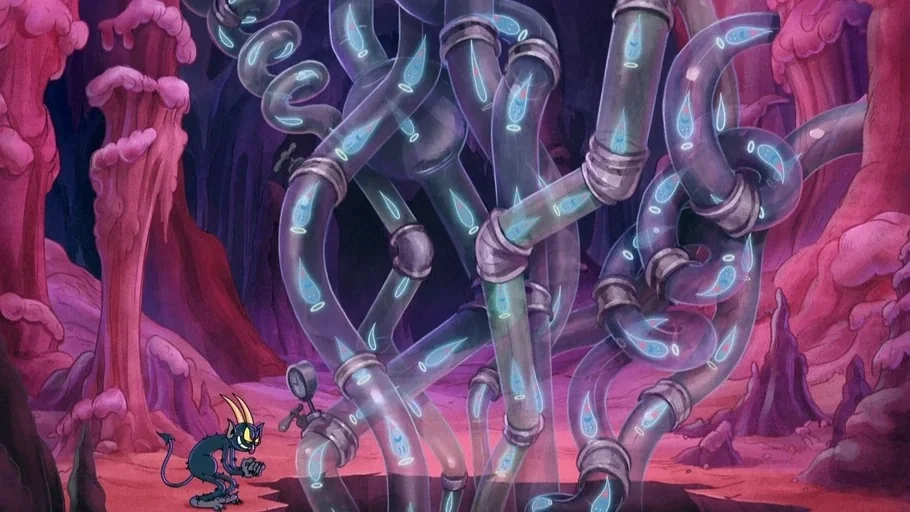 The Cuphead Show! (2022) movie still: wide — An underground cavern features jagged pink rock formations surrounding a central mass of transparent…
