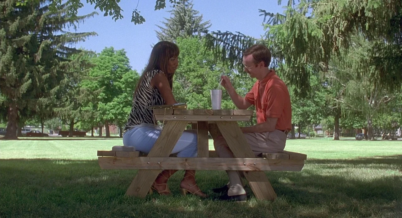 Napoleon Dynamite (2004) movie still: fullbody — A wooden picnic table sits on a grassy lawn shaded by mature evergreen trees. A man and a woman sit…