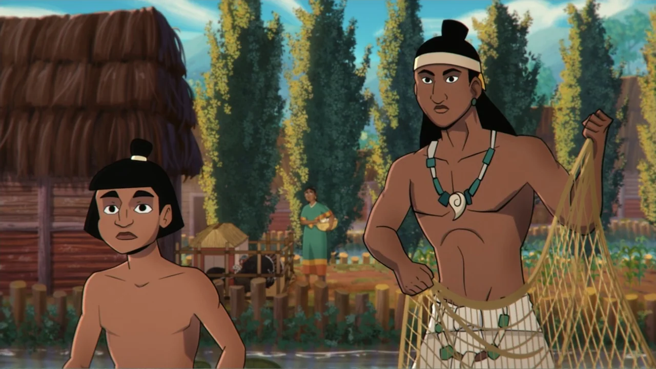 Aztec Batman: Clash of Empires (2025) movie still: medium — A rural village setting with thatched roof houses and tall green trees. A man prepares a…
