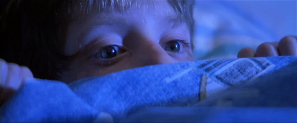Poltergeist movie still: closeup — A child lies in bed beneath a patterned blue duvet at night. The boy peers over the fabric with his eyes wide open.
