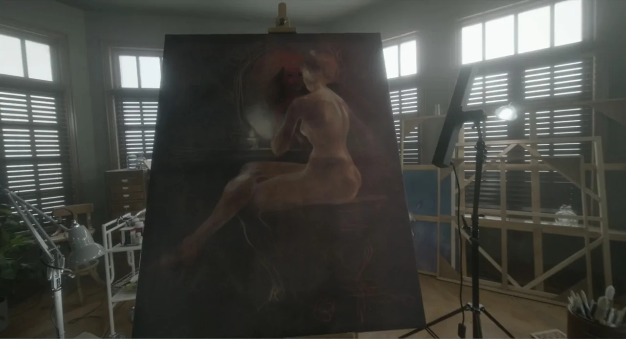 Orphan: First Kill (2022) movie still: medium — An artist's studio with wooden floors and window blinds displays a large central canvas. The canvas…