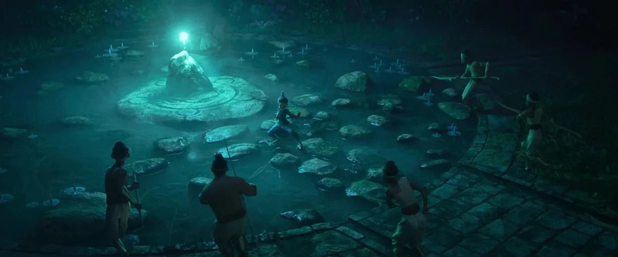 Raya and the Last Dragon (2021) movie still: wide — A murky pond at night features a glowing relic atop a central stone platform. Several warriors…