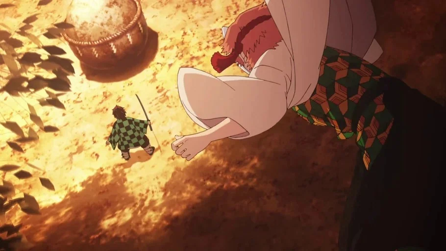 Demon Slayer: Kimetsu no Yaiba (2019) movie still: wide — A sunlit dirt clearing features a large stone bowl and leafy foliage shadows. A small boy…
