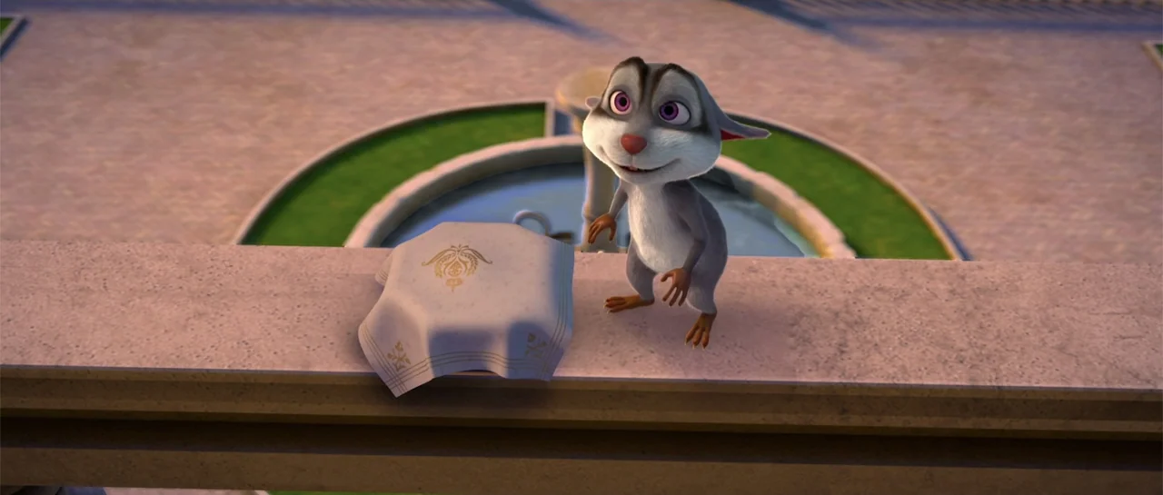 Cinderella and the Secret Prince (2018) movie still: medium — A small animated rodent stands on a wide stone railing at sunset. Behind the railing…