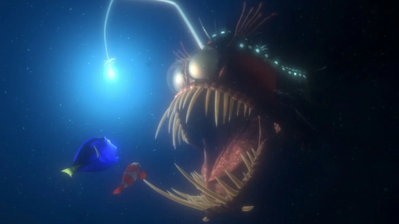 Finding Nemo (2003) movie still: wide — The dark, deep-sea abyss is illuminated by the glowing lure of a predatory fish. A clownfish and a blue tang…