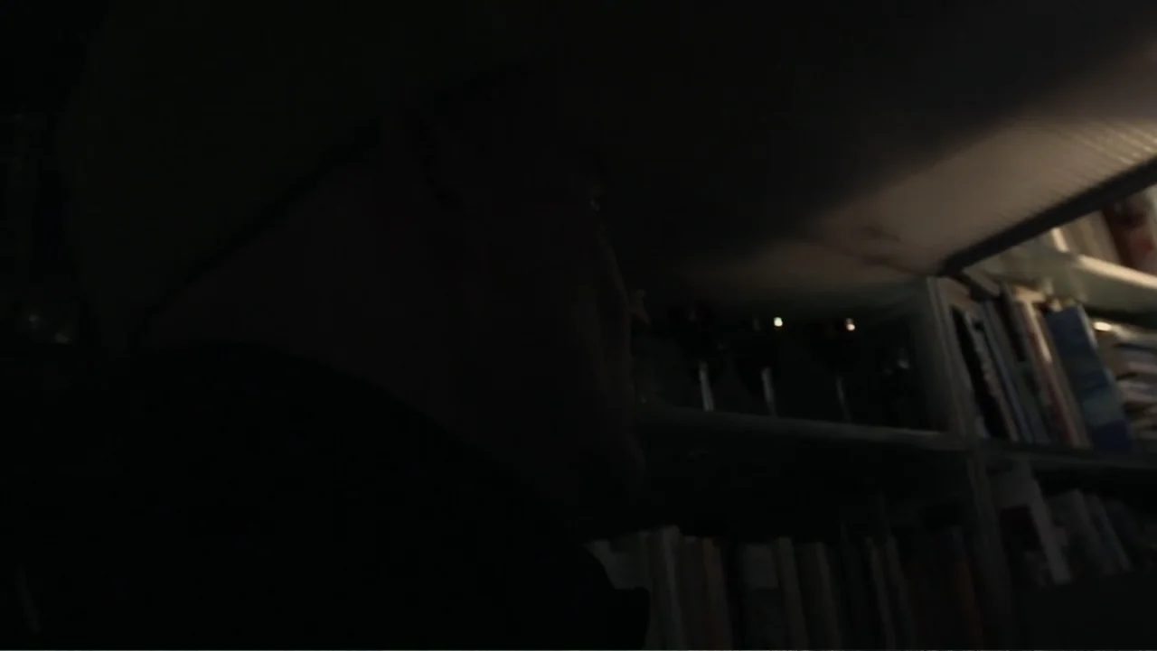 REM (2019) movie still: closeup — A dark interior space with a shelving unit packed with books in shadow. A person in profile is silhouetted against…