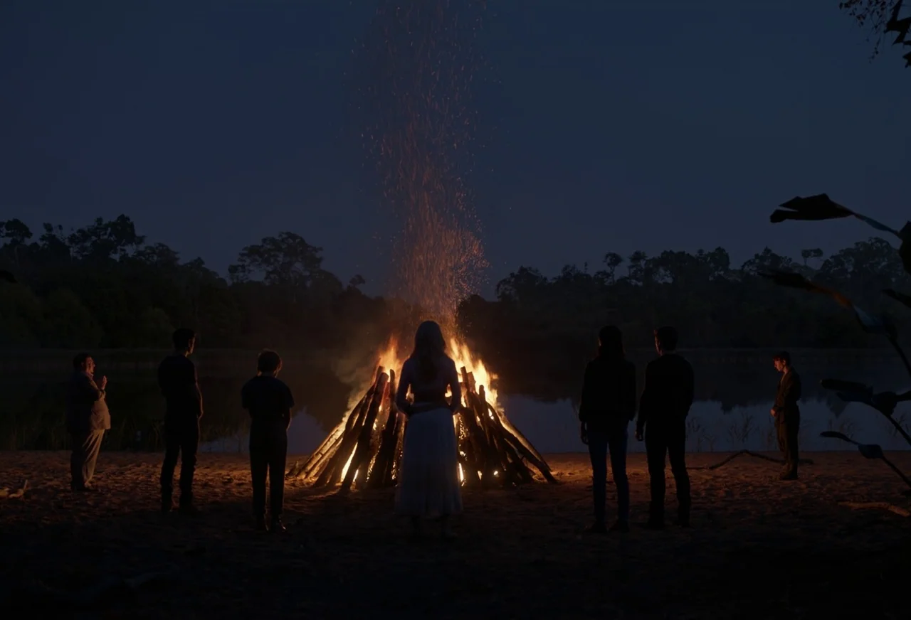 Eternals (2021) movie still: wide — A group of six people stands on a dark lakeshore at night near a bonfire. The fire casts long shadows across the…