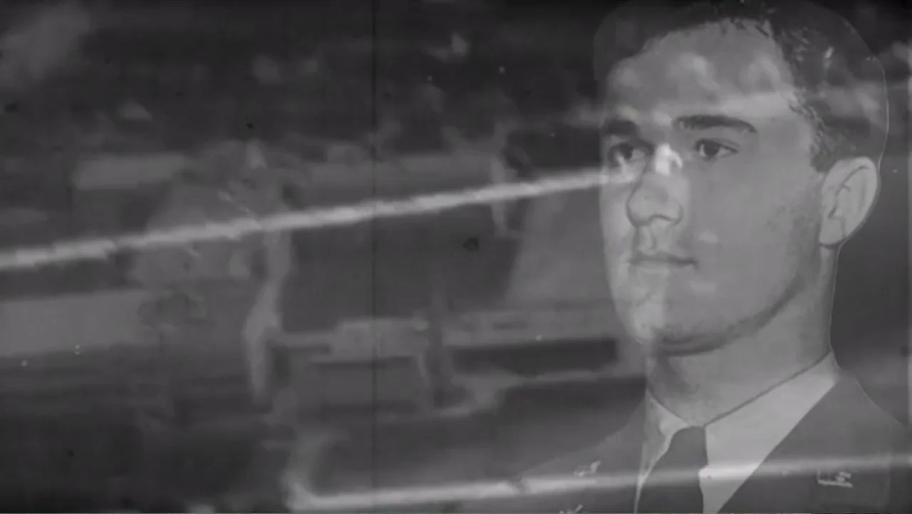 UFO Conspiracies: The Hidden Truth (2020) movie still: closeup — A double-exposed frame featuring a military portrait overlaid upon a grainy…