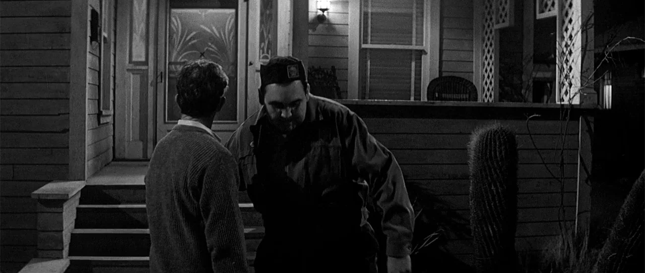Kiss Me, Stupid (1964) movie still: medium — A residential porch at night with a wooden door and a large cactus. One man stands facing another man…