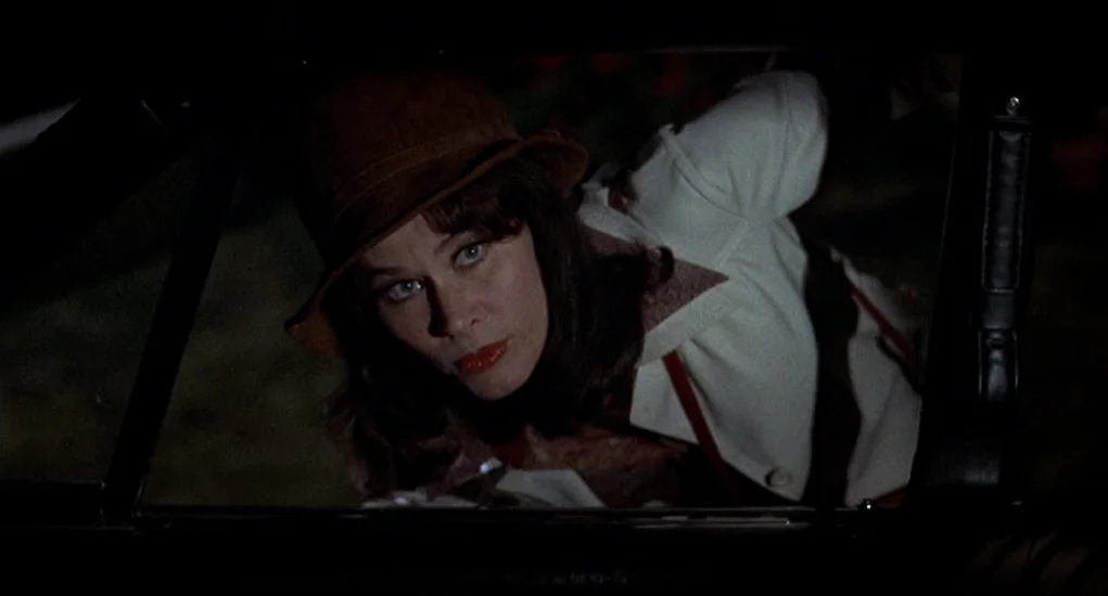 Family Plot (1976) movie still: medium — A woman leans into a car window at night against a dark background. She wears a brown hat and white jacket…