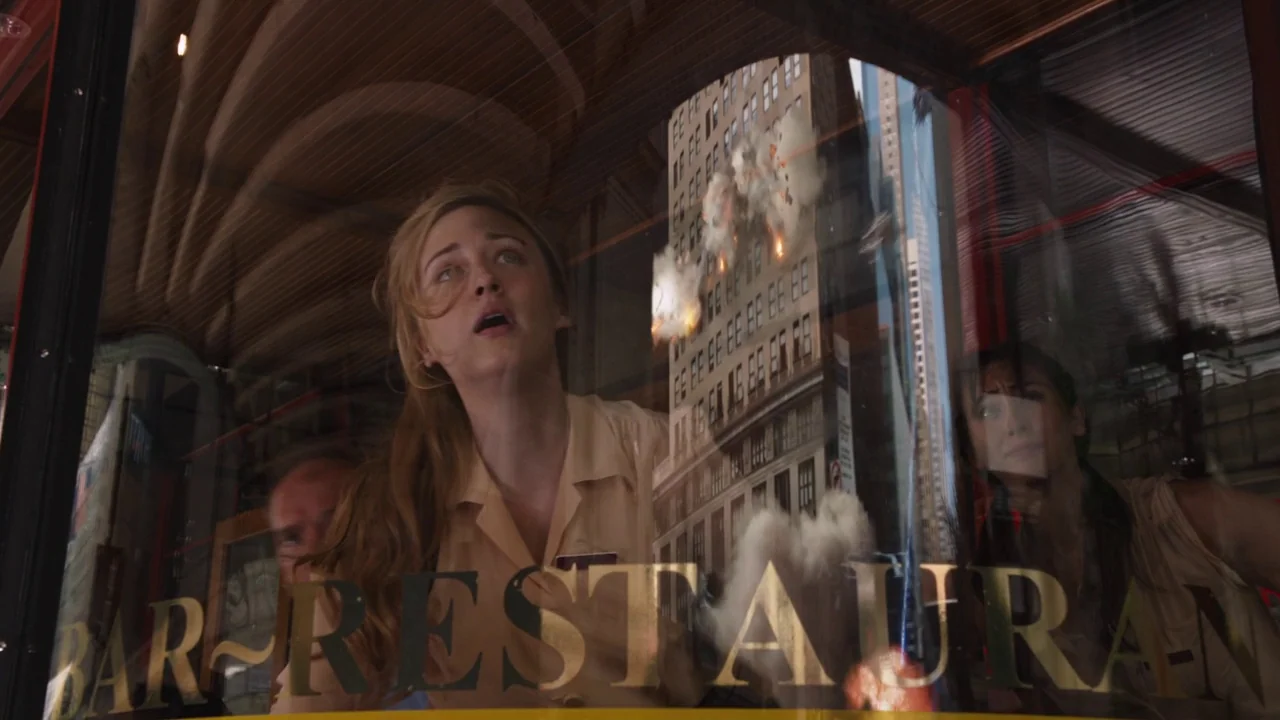 The Avengers (2012) movie still: medium — People look through a glass store front with gold lettering reading BAR-RESTAURANT. A city building…