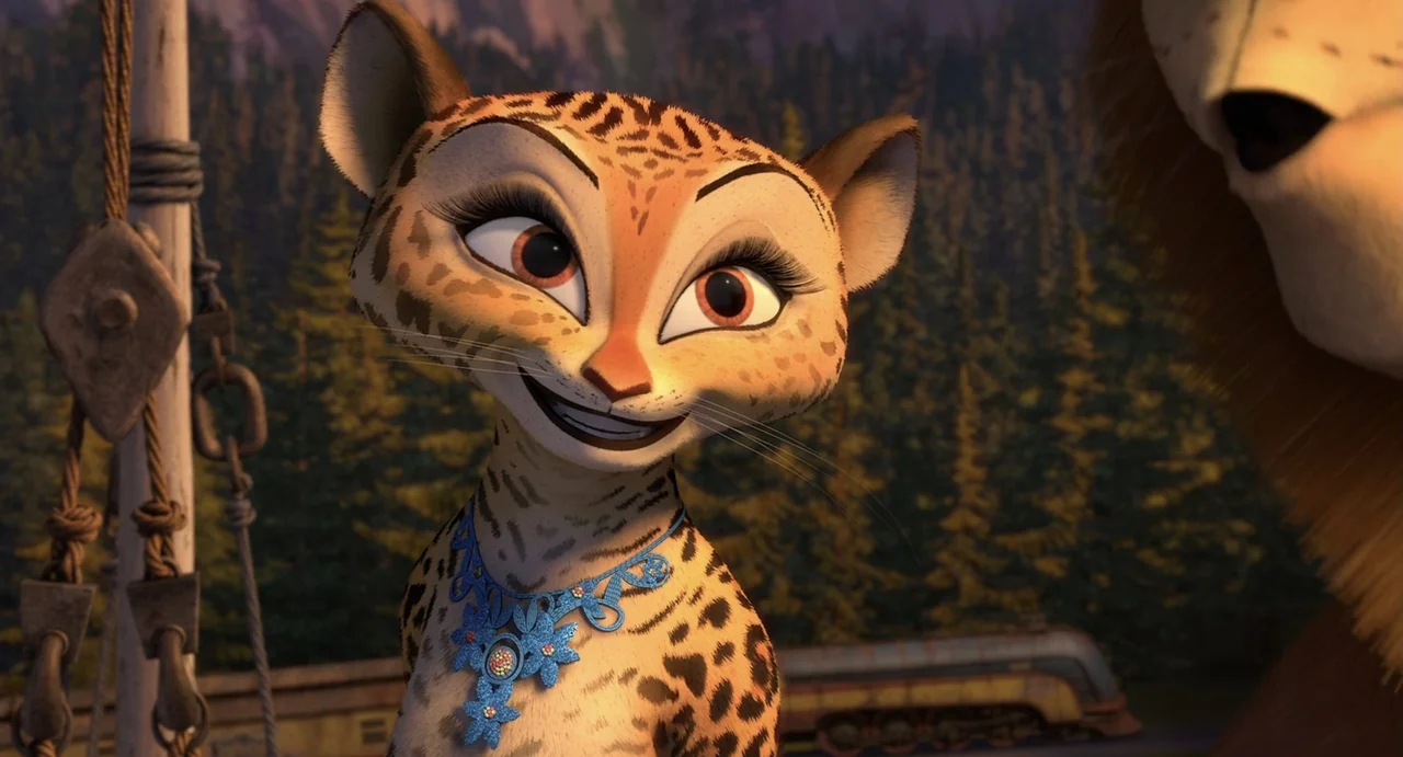 Madagascar 3: Europe's Most Wanted (2012) movie still: closeup — A close-up of an anthropomorphic cheetah character on an outdoor train car deck.…