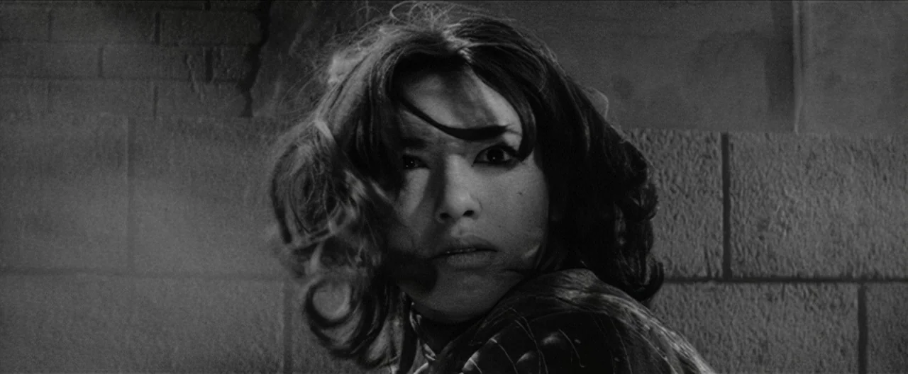 Story of a Prostitute (1965) movie still: closeup — A dark urban alleyway features a heavy, rough-hewn brick wall backdrop. A woman turns her head…