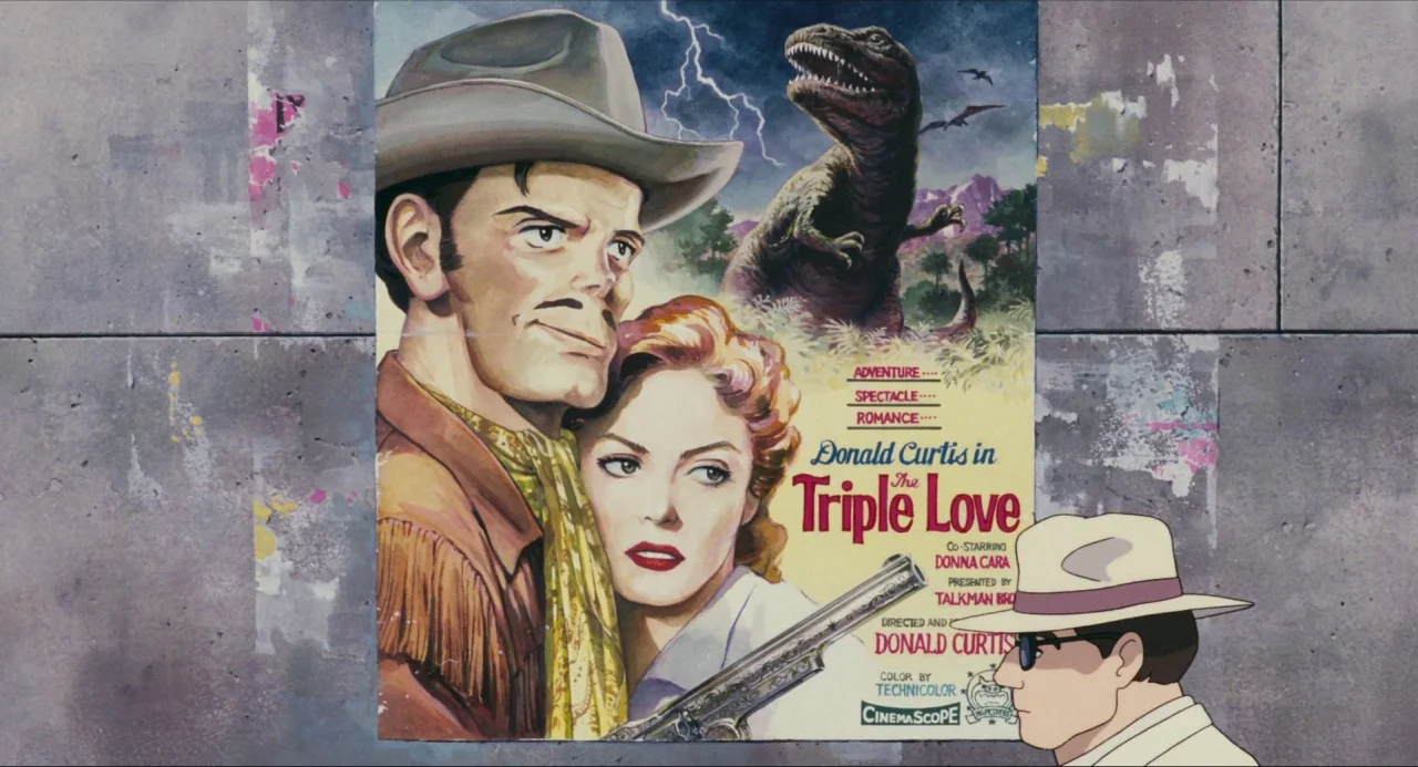 Porco Rosso (1992) movie still: medium — A concrete wall features a large vintage film poster depicting a cowboy and woman. A man stands in the…