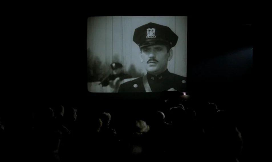 Despair (1978) movie still: wide — A dark movie theater auditorium contains an audience silhouetted against the bright projected image. A…
