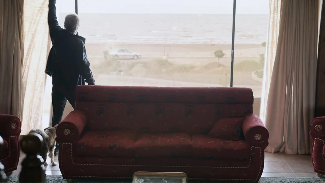 Closed Curtain (2013) movie still: wide — A living room with a large window faces a beach and a distant road. A man stands holding back a curtain…
