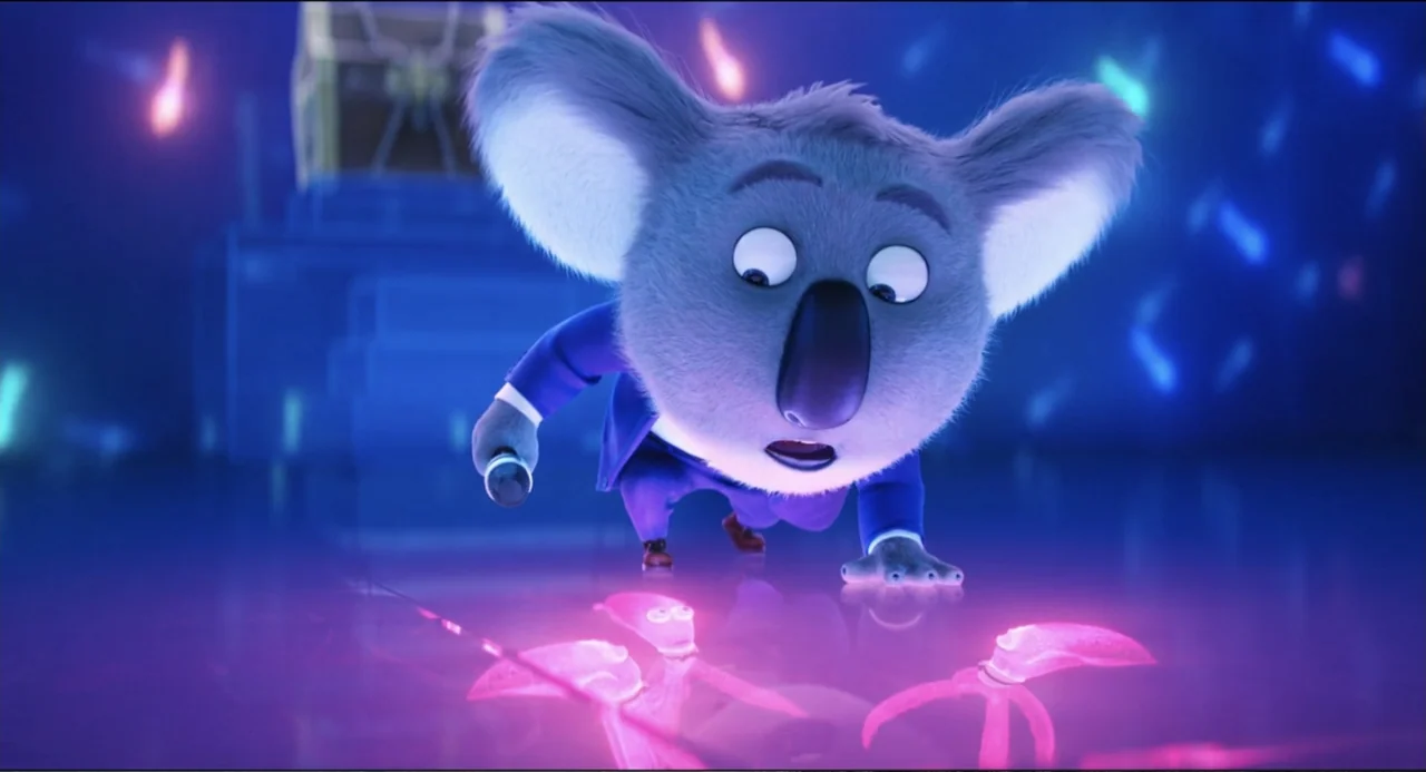 Sing (2016) movie still: medium — A performance stage with a dark reflective floor illuminated by glowing pink lights. A koala character leans…