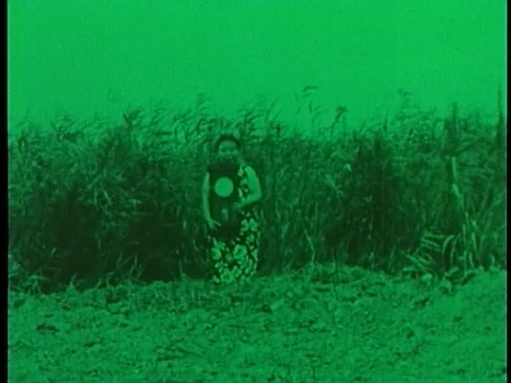The Cage (1964) movie still: fullbody — A woman stands in a grassy field during the night under night-vision lighting. She holds a vertical…