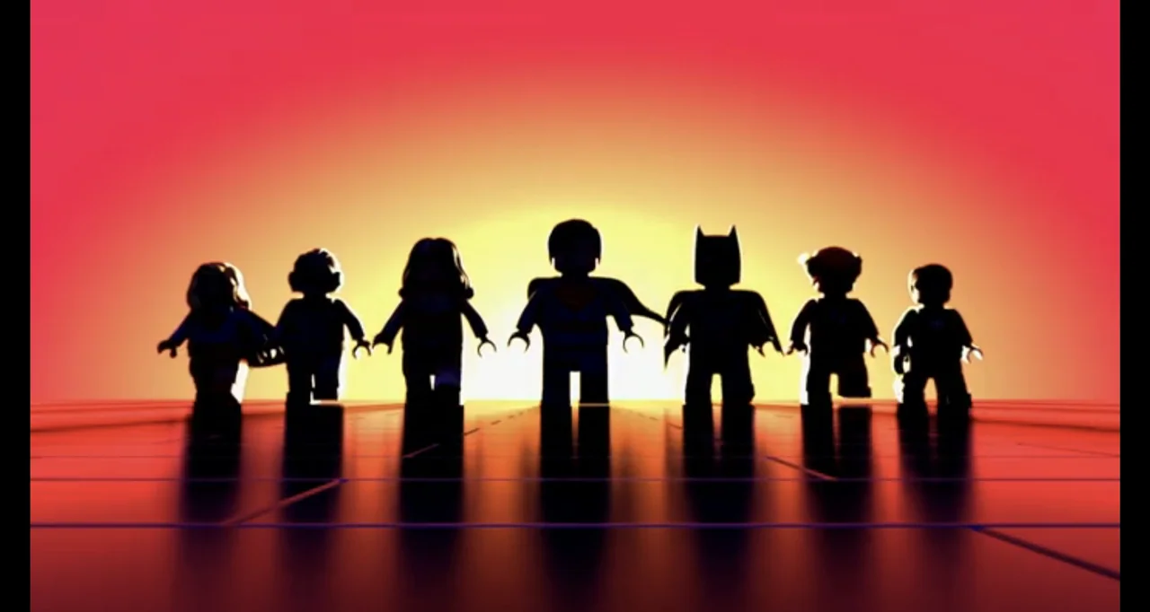 LEGO DC Comics Super Heroes: Justice League - Cosmic Clash (2016) movie still: wide — Seven plastic toy figures stand in a row upon a reflective,…