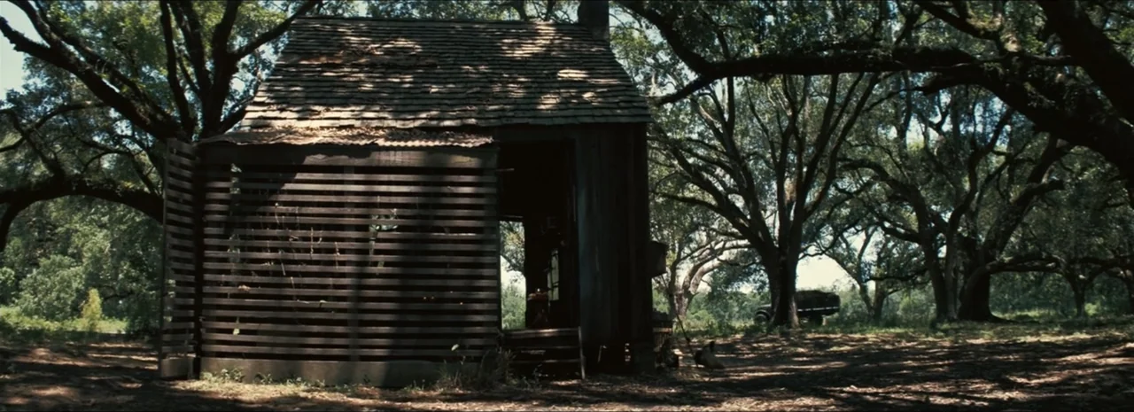 Sinners (2025) movie still: wide — A rustic wooden structure stands among mature oak trees in a clearing. The shed features a slatted wall and an…