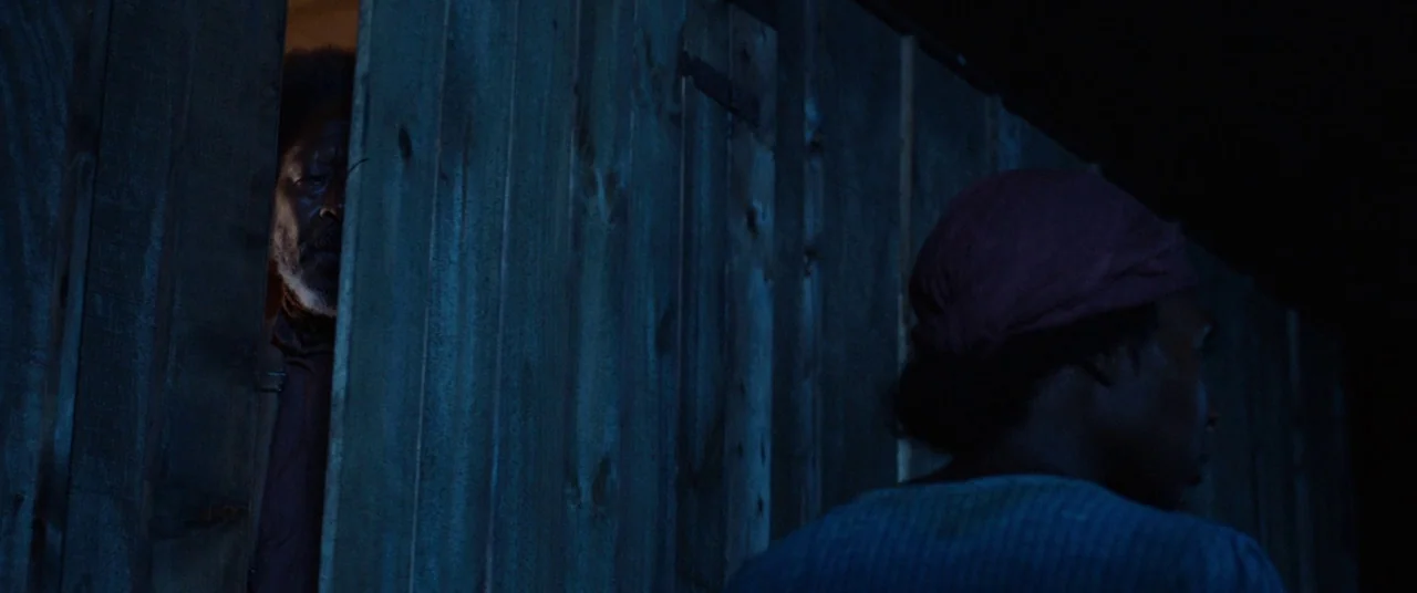 Harriet movie still: medium — A vertical wooden fence separates a man in the shadows from a woman. The woman stands in front of the fence while the…