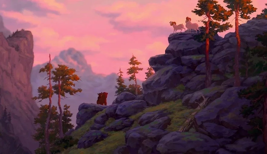 Brother Bear (2003) movie still: wide — Rugged rocky slopes and evergreen trees rise toward a pink sunset sky in mountains. Two bighorn sheep occupy…