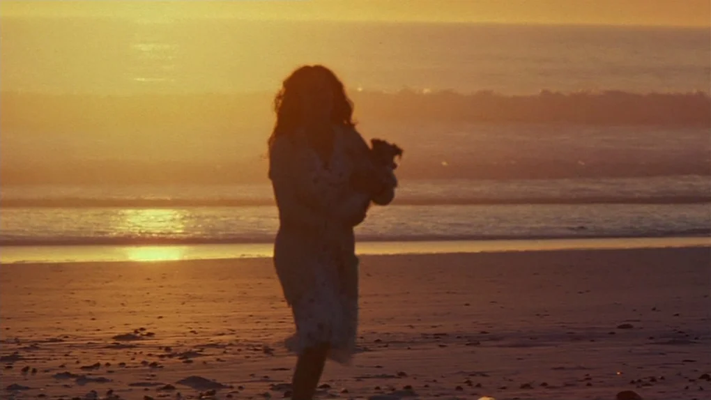 Ask The Dust (2006) movie still: fullbody — A wide sandy beach stretches out under a vibrant orange sunset sky. A woman walks toward the camera…