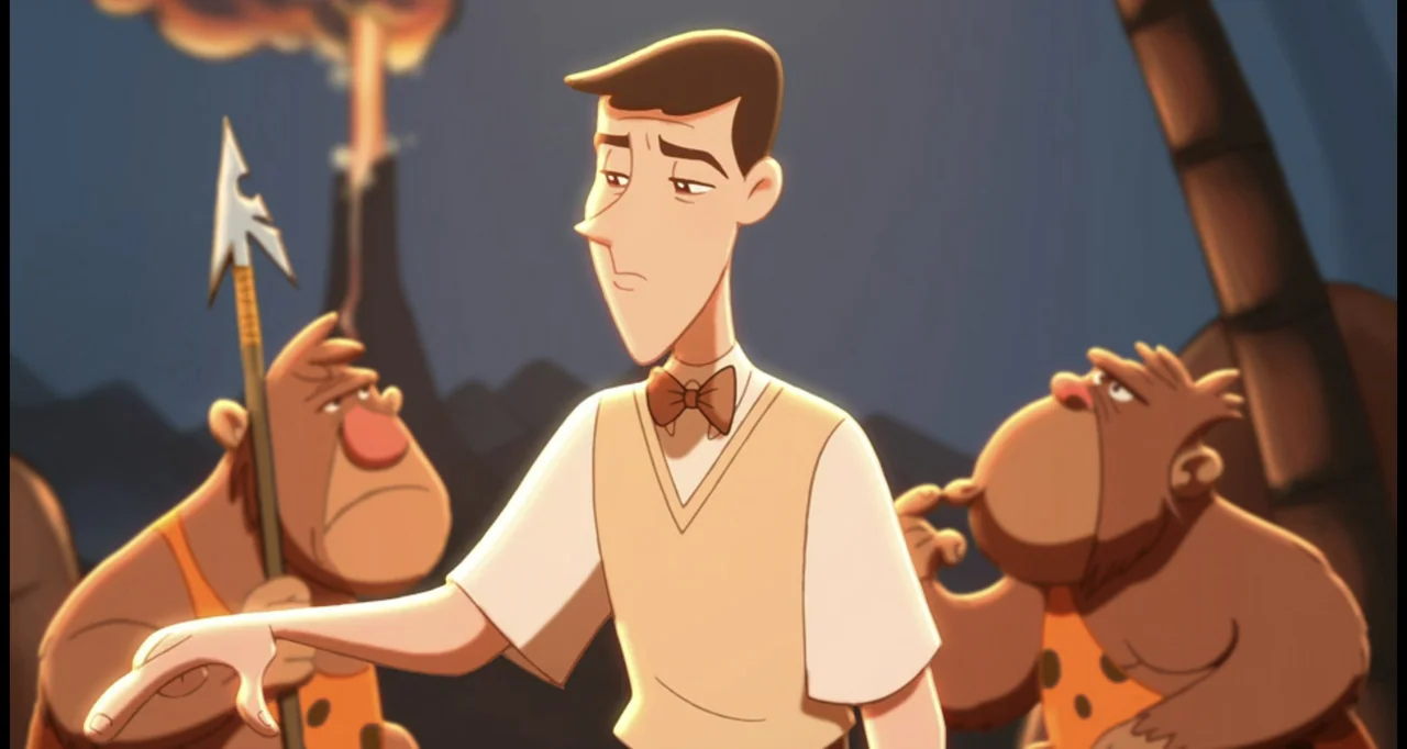 Curious George (2006) movie still: medium — A volcanic environment features a smoking mountain in the distant background under a night sky. A man in…