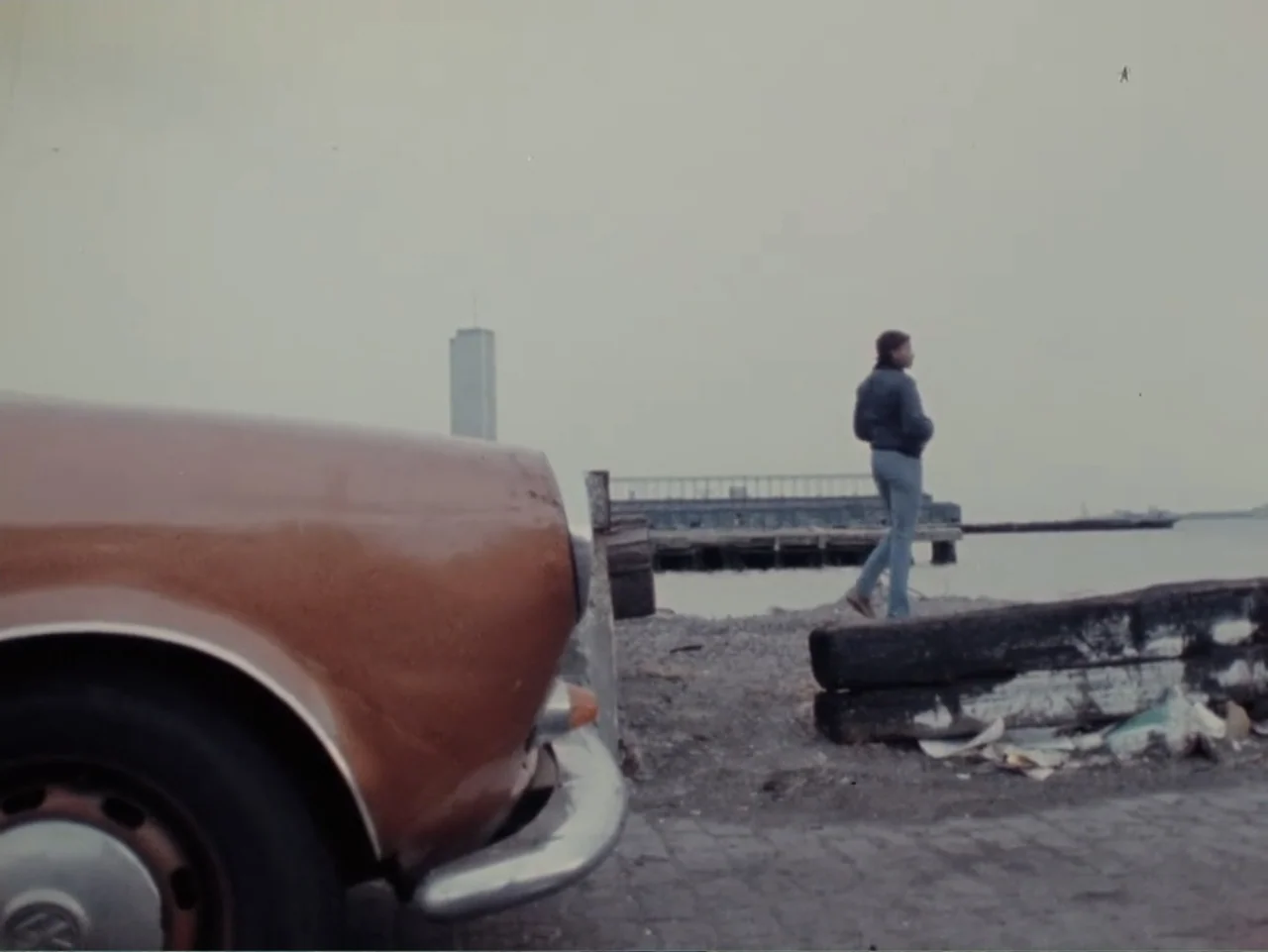 Born in Flames (1983) movie still: medium — A desolate urban waterfront with a metal pier structure extending into murky water. A single person in a…