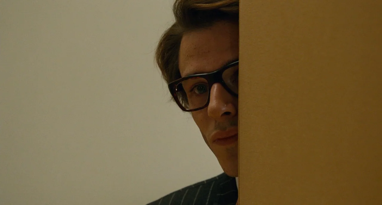 Saint Laurent (2014) movie still: closeup — A plain wall and a partition wall meet in a sparse interior space. A man wearing dark-rimmed glasses…