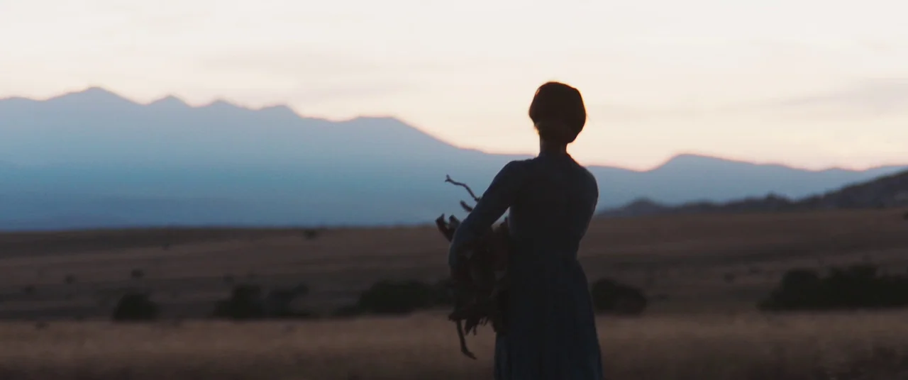 The Wind (2018) movie still: medium — A woman stands in a dry field during dusk with distant mountains on the horizon. She carries a small pile of…