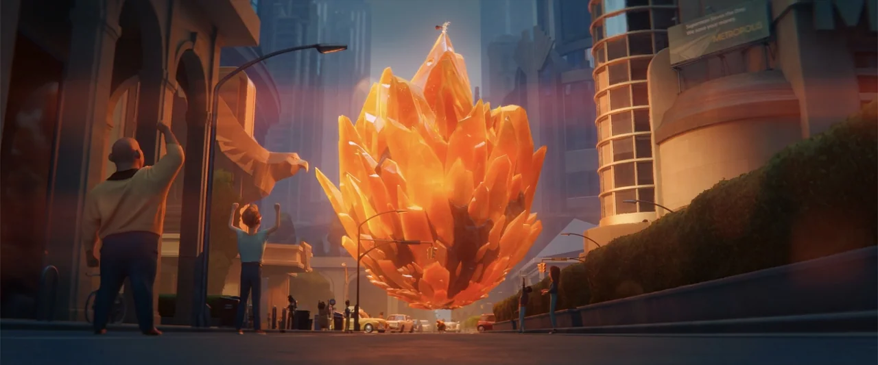 DC League of Super-Pets (2022) movie still: wide — A city street features modern buildings and a large floating cluster of glowing crystals. Several…