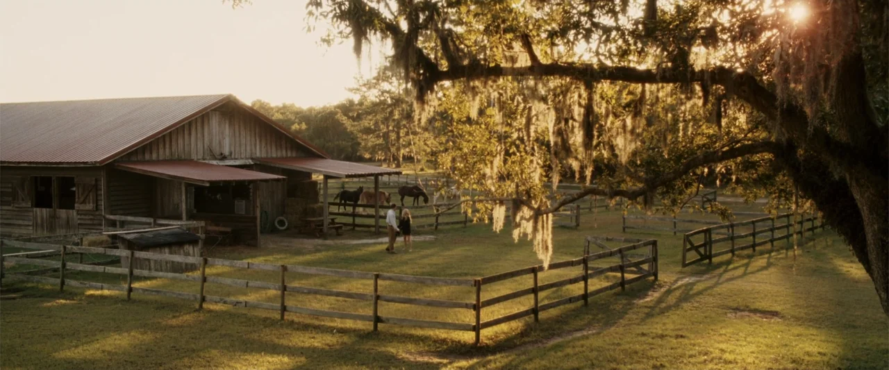 Dear John (2010) movie still: wide — A rural horse farm with a large wooden barn and split-rail fences at sunset. A man and a woman stand together…