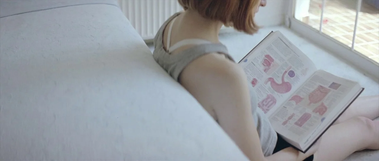 Dogtooth movie still: medium — A light-filled room features a person seated on the floor beside a white sofa. The person holds an open anatomical…