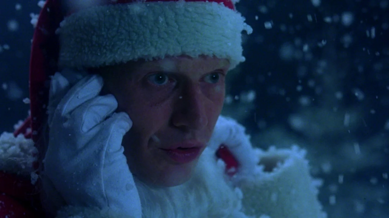 Seed of Chucky (2004) movie still: closeup — A man wearing a red and white Santa hat stands outdoors in heavy snowfall. Thick white flakes descend…